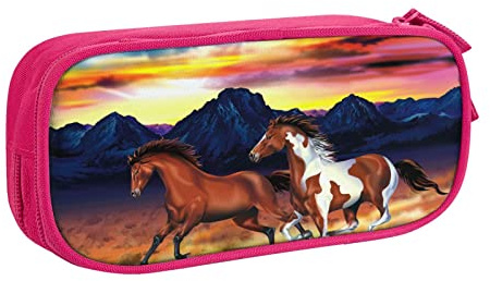 FLYIFE Grande trousse à crayons avec 2 compartiments - Motif chevaux de course - Pour filles, garçons, étudiants, école, bureau, université, rose, Taille unique, Cartable