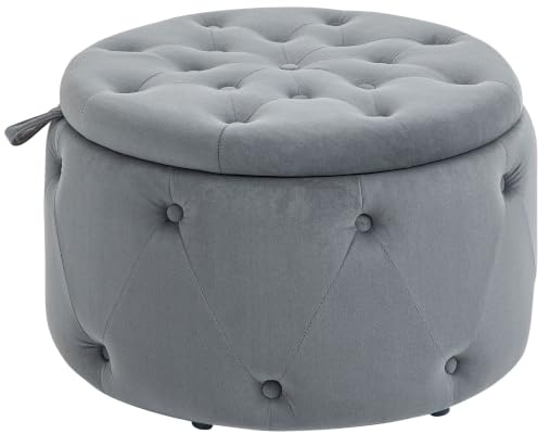 HOMCOM Sitzhocker mit Stauraum Polsterhocker mit Deckel Grau Ø60 x 40 cm | Aufbewahrungsbox, Runde Ottomane, Sitztruhe, Samtoptik, Knöpfen, für Wohnzimmer