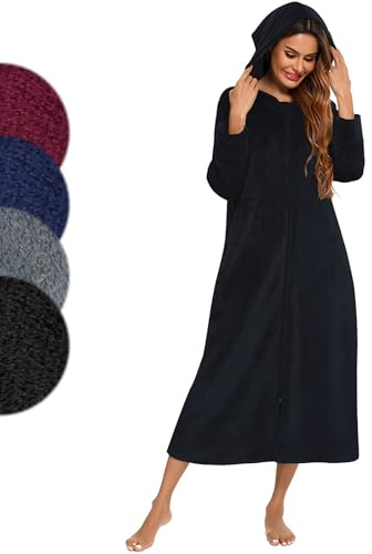 Figarge Bademantel Damen und Herren mit Reissverschluss und Kapuze langer Bademantel Fronttaschen Saunamantel Flanell Bademantel