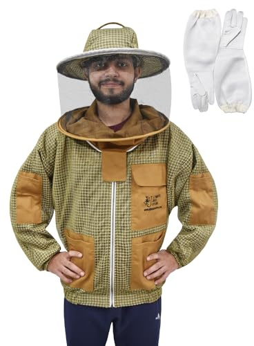 Ultimate Bee Store Ultra Ventilated Bee Jacket Beekeepers 3 Layer Beekeeping Jacket Sting Resistant Apiarist Jacket for Men & Women with Pair of Gloves (Khaki Round Veil, 4XL)