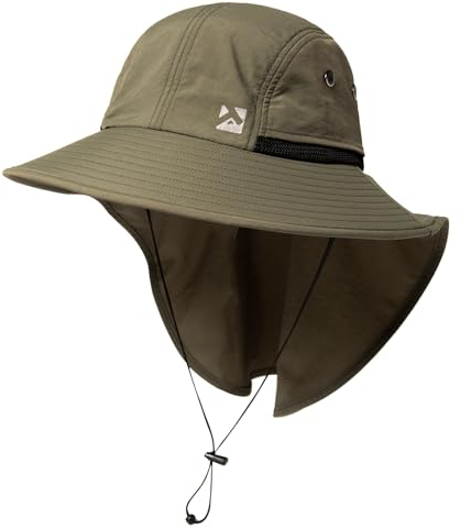 TOP-EX XL/XXL Wasserdicht Sonnenhut Herren Breite Krempe Sonnenschutz Mütze Outdoor Trekking Hut mit Nackenschutz Safari Sommer Mütze Faltbar 94599_Armeegrün M/L