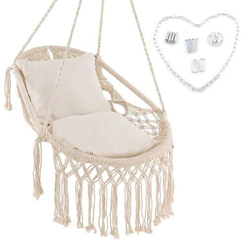 GOPLUS Hängesessel mit 2 Kissen, Hängeschaukel bis 150 kg Belastbar, Makramee Hängestuhl mit geflochtenen Fransen, Hängesitz mit Boho Style für Indoor Outdoor Garten, Beige