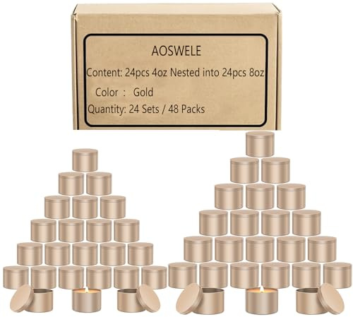 AOSWELE 48 PCS Candle Jars Bulk, 24 PCS 4 OZ & 24 PCS 8 OZ, Premium Empty Matte Gold Candle Tins with Lids, Container Tin Can for Making Candles, DIY Vessel Candle Making Supplies Kit (Gold)