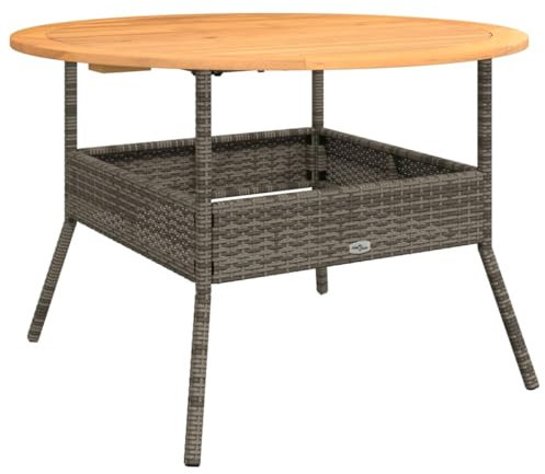 vidaXL Modern Outdoor Garden Table - Grey Poly Rattan with Acacia Wood Top, Round 110cm Diameter for Patios/Decks/Gardens
