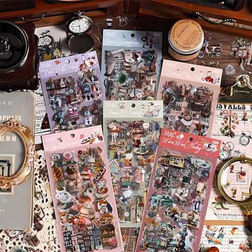 Ptyism 563 Stück/36 Blatt Vintage Scrapbooking Sticker, Scrapbook Zubehör | Multicolor, PET, Matt, Indoor, Sticker