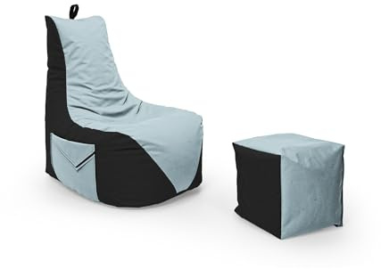 Nadimaideal Gamer Sitzsack Komfort XL - XXL für Kinder, Teenager & Erwachsene | Indoor & Outdoor | Sitzsack Gaming | Füllung EPS Perlen (Schwarz - Grau, Sitzsack XXL mit Hocker)