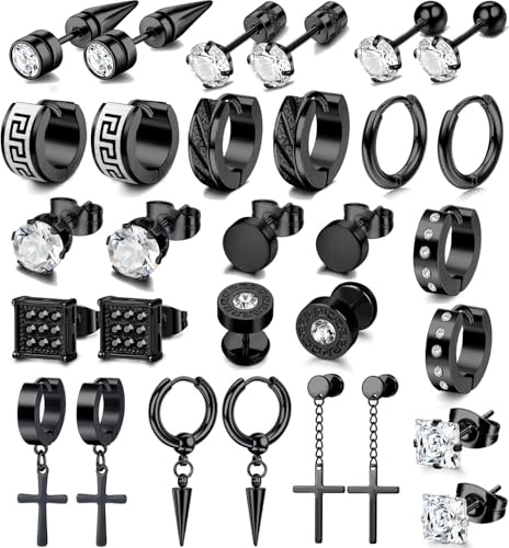 JeweBella 15 par örhängen för män rostfritt stål örhängen för män zirkonia-örhängen set svart/silver herrörhängen dubbar kors dinglande ring huggie örhängen piercing broskörhängen för män kvinnor,