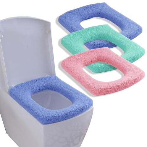 Guojanfon Bathroom Soft Thicker Warmer Stretchable Washable Cloth Toilet Seat Cover Pads, 3PCS (Blue,green,pink)