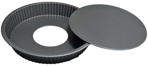 Harlams Quiche Pan 24cm, Non-Stick Pie Tin with Loose Base for Baking Flans, Fluted Round Pan, Dish, Carbon Steel, Dark Grey