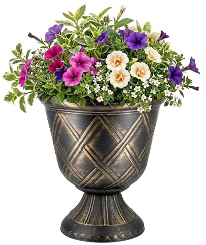 SG Traders Urn Plant Pot Stand, Outdoor Garden Planters, Flower Pots Indoor, Tall Planter with Drainage Holes Strong Plastic Black with White Plant pots Outdoor Large Planters Urns D-35 x H-40 CM
