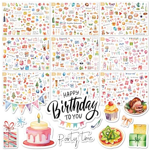 BIROYAL 12 Blätter Sticker Geburtstag, 500+ Aufkleber Geburtstag Buntstil | Birthday Sticker Set für DIY Gästebuch Fotoalbum Scrapbook Zubehör, Geburtstagsaufkleber für Kinder Erwachsene, 17 x 24 cm