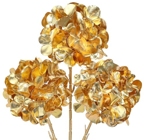 Oairse 3 Pcs Gold Artificial Hydrangea Flowers Stems 65cm Faux Christmas Flower Arrangements Fake Floral Picks for Christmas Decorations Holiday Wedding Party Table Centrepieces Décor
