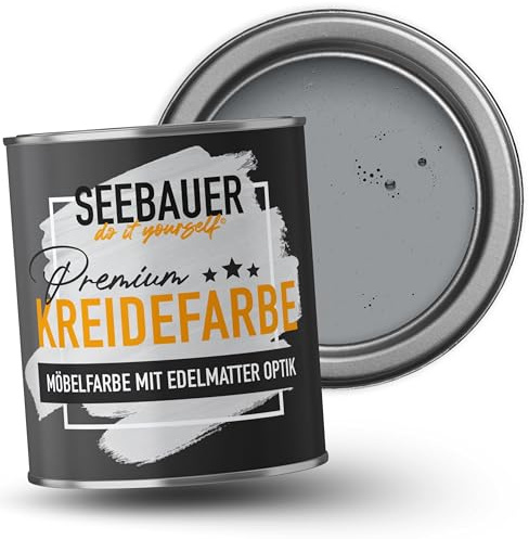 SEEBAUER diy Kreidefarbe für Möbel Grau 375ml für Innen (No. 218 Grey Stone) Möbelfarbe ohne Schleifen - Holzfarbe extra matt - Holzlack, Möbellack hohe Deckkraft