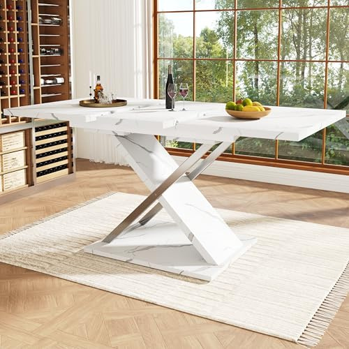 Wiuzo Esstisch Ausziehtisch (118-157×75cm), Küchen-Wohnzimmertisch, Anstecktisch, Ausziehbar auf 118-157cm mit Hilfe von innenliegender Einlegeplatte, Esstisch mit Kreuzbeinen