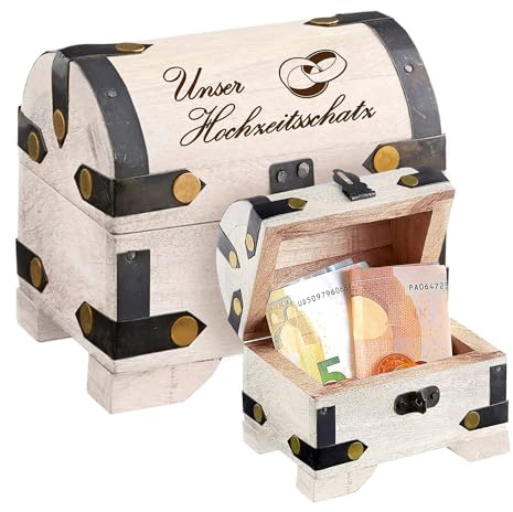 Casa Vivente Schatztruhe aus Holz mit Gravur, Unser Hochzeitsschatz, Aufbewahrungsbox, Hochzeitsgeschenk (Weiß - Ringe)