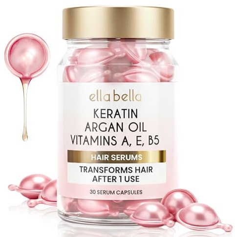 ELLA BELLA® Keratin Hair Serum with Argan Oil & Vitamins A, E, B5 – Anti-Frizz Hair Treatment & Night Repair – Hair Vitamins for Women for Smooth, Shiny, Frizz-Free Hair