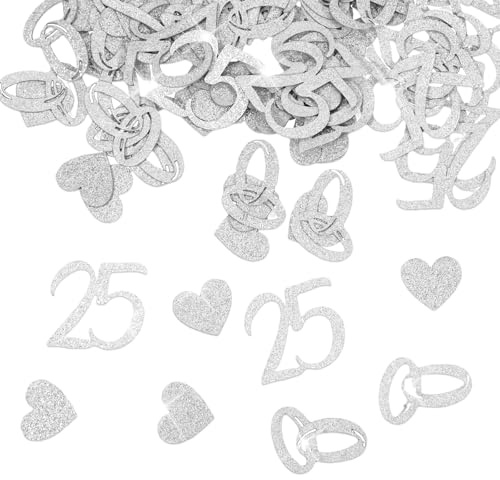 Decorazione da tavolo per le Nozze d'Argento - 200 decorazioni nuziali sparse,coriandoli scintillanti con anello,numero 25 e motivo a cuore,come regalo per il 25° anniversario di nozze d'argento