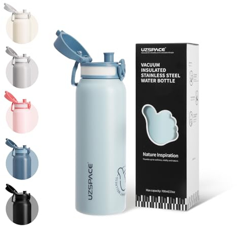 UZSPACE Gourde Isotherme Enfants 700ml en Acier Inoxydable - Gourde Sport à Double Paroi - Bouteille Isotherme Étanche pour École, Bureau ou Sport, Bleu Brumeux