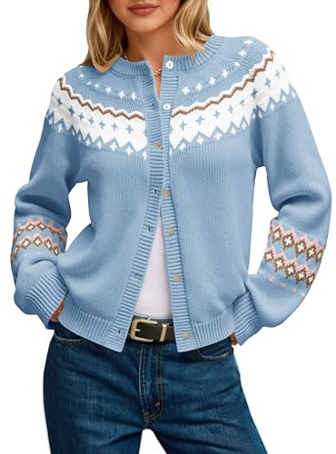 Saodimallsu Womens Fair Isle Sweater Button Up Long Sleeve Cardigans Crew Neck Open Front Knit Vintage Sweater Coats Azure