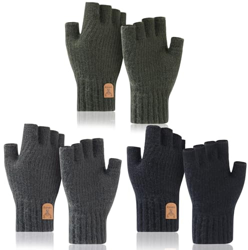 ViEinkaufen 3 Pair Fingerless Gloves for Women Men, Thermal Winter Warm Half Finger Gloves Plush Knitted Glove for Outdoor Driving Working Running Cycling - Black, Dark Gray, Army Green