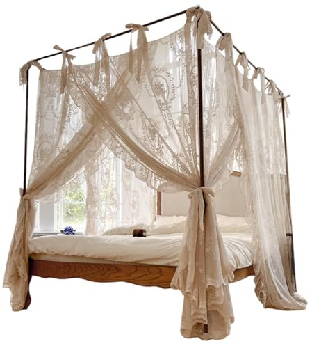 Cuerpo de Cama, 4 Cortinas de Cama con Dosel en la Esquina, Red de Mosquitos de Encaje romántico para Camas de 1.5m/4.92 pies, Beige (Marco no Incluido) #