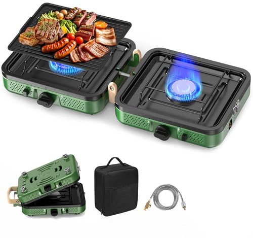 Campingkocher 2 Flammig, Tragbare Collapsible Gaskocher mit Verstellbare Brenner & Piezozündung, Camping-Essential Inklusive Tragetasche