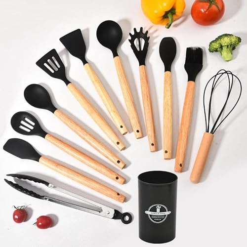 Kitchen Utensil Set Silicone Cooking Utensils - 12 Pieces Cooking Spatula Turner Heat Resistant Tools with Wooden Handle for Nonstick Non Scratch Cookware Kitchen Gadgets Set