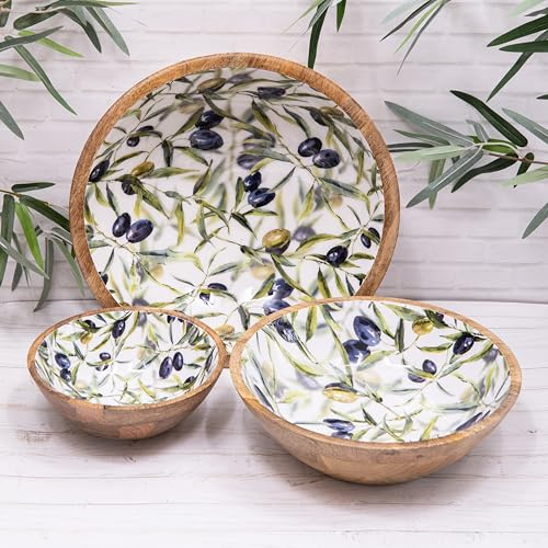 Mango Wood Enamelled Olive Salad Serving Bowl Decorative Mediterranean Fruit Dish (Mediun - 25 cms)