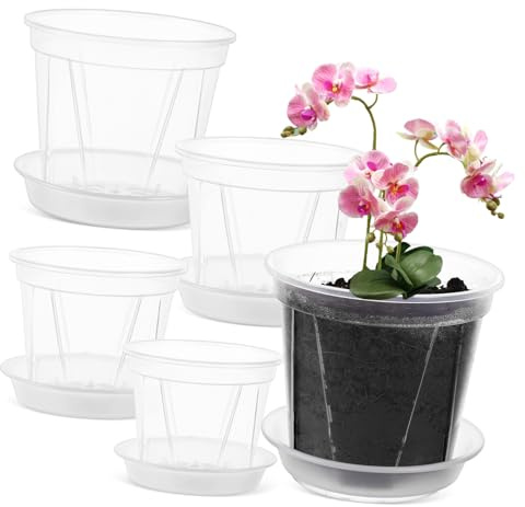 EPIGEIST 5 Piezas Macetas Transparentes para Orquídeas con Drenaje y Bandeja de Tiestos de Plástico para Interior y Exterior Maceta de Plantación con Ventilación para Plantas y Suculentas