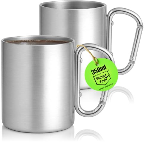 com-four® 2x Tazas térmicas de acero inoxidable 350 ml con asa mosquetón - Vasos de doble pared - Tazas resistentes para camping, senderismo, viajes y exterior (plata - 2x 350 ml)