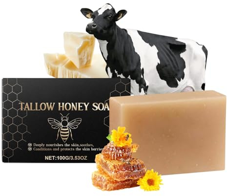 beef tallow soap with Honey - Tallow and Honey Balm Soap Bar – Handmade Moisturising Soap for Dry Skin – Deep Cleansing & Nourishing Bar for Smooth, Radiant Complexion - Soaps for Body & Face 100g (1)