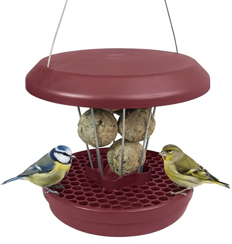 SWISSINNO Comedero para Pájaros – Lucerne Smart Birds - Soporte para Bolas de Sebo con Bandeja - Estación Alimentación Antirroedores - para 7 Bolas de Grasa - Burdeos