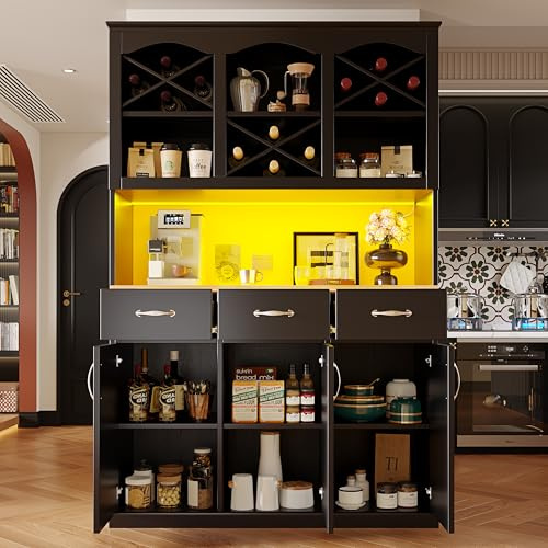 Oxtao Armadio da cucina 120×40×180cm, Credenza con illuminazione LED, Colori di luce variabili, Mobile buffet con TRE porte, TRE cassetti, Mobile alto buffet da cucina, Mobile con vetrina (Nero-5)