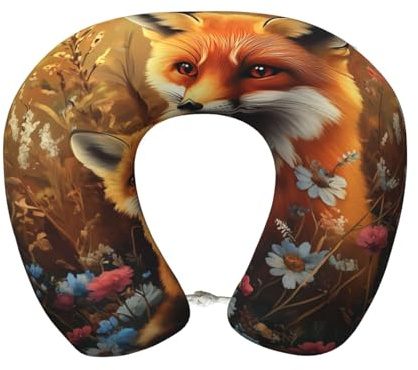 Entemne Oreiller de voyage en mousse à mémoire de forme avec fleurs sauvages, renards rouges, coussin de soutien confortable pour le cou pour enfants et adultes, avions, voitures, bureau, avec taie