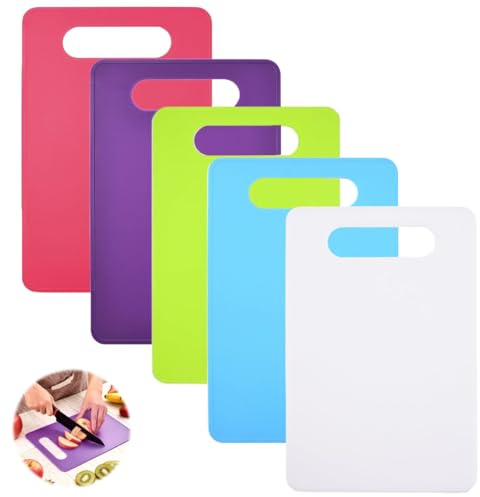 5 Stück Kunststoff Schneidebrett rutschfest, Frühstücksbretter Spülmaschinenfest, BPA-frei – Farbiges Küchen Schneidebrett Set für Fisch Gemüse Obst Fleisch Brot 29 × 19 cm