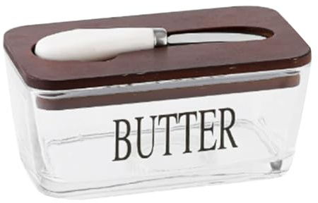 Fdit Mantequera de Vidrio con Tapa Hermética y Cortador de Acero Inoxidable, Recipiente de Mantequilla Transparente de 500 Ml para Queso Crema y Aperitivos con Tapa para Tabla de (color madera oscura)