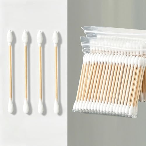200Pcs Cotton Buds, Double Pointed Ear Buds, Cotton Swabs Pointed Tip with Bamboo Sticks, Travel Size for Make-Up Clean Care Ear Cleaning Cosmetic, Biodegradable Environmentally Friendly