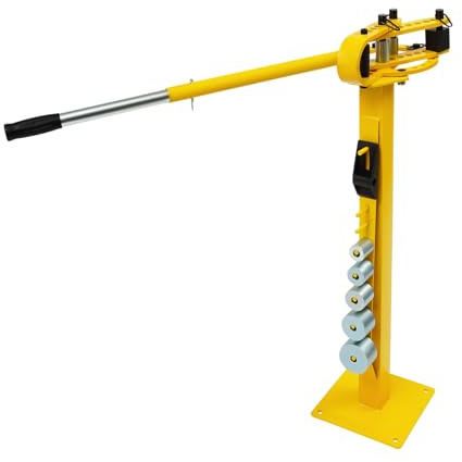 Piegatubi a mano, potenza di piegatura: 8 × 32 mm, 6 × 50 mm, piegatubi con matrici: rotondo (1 – 3 pollici), quadrato, punta, blocchi, angolo di piegatura 0 – 200°, leva regolabile manuale (giallo)