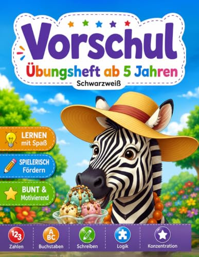 Vorschul-Übungsheft ab 5 Jahren.: Schwarz-weißes Tierbuch: Was sie fressen & welche Geräusche sie machen. Mit Labyrinthen, Zeichnen und Ausmalen. ... Kinder ab 5 Jahren – Leichtes Zählen lernen .