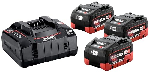 metabo Basis-Set 3 x LiHD 5.5 Ah, 18V Akkuset mit Schnellladegerät ASC 145 | Inklusive 3 LiHD Akkupacks, kompatibel mit CAS Elektrowerkzeugen, patentierte AIR COOLED Technologie, 685074000