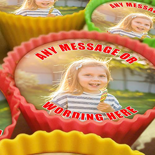 Your Own Image - Red Text - 20 x 5cm Personalised Edible Cupcake Toppers on Premium Icing