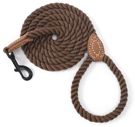 leash Mile High Life Braided Cotton Rope Braided Cotton Rope with Leather Tip - Heavy Duty Metal Clasp, 5FT, 1/2 Thick - Wedding, Walking & Training for Small, Medium, Large Dogs (Dark Brown) | Rust-proof 360° swivel clasp, Heavy-duty for medium/large dogs. Great for weddings, daily walks (5 FT, 1/2, Dark Brown)