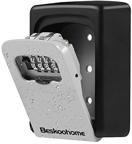Key Safe Wall Mounted Lockbox - BeskooHome Waterproof Combination Key Lock Box, Zinc Alloy Key Storage with Slide Cover, Resettable Code, for House Spare Keys, Airbnb, Garage - Mounting Kit included