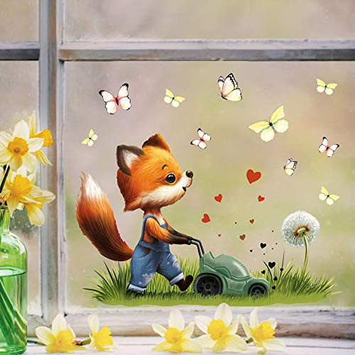 Wandtattoo Loft Fensterbilder Frühling Fuchs und Rasenmäher Motiv – A4 Bogen, Wiederverwendbar – Frühlingsdeko Fenster, Fensterfolie Frühling Selbstklebend