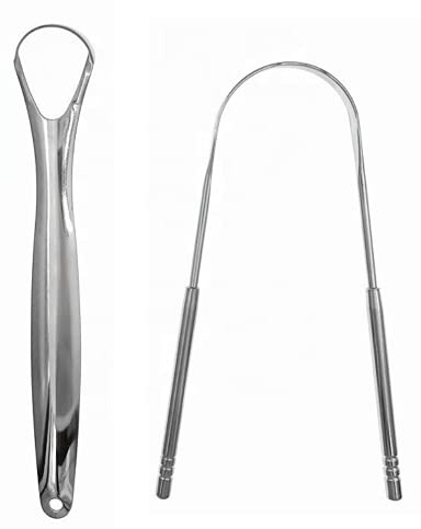 Stainless Steel Tongue Scraper Set (2 Pack) – Bad Breath Treatment for Halitosis, Removes Tongue Coating for Fresh Breath – Oral Hygiene Cleaner with Travel Case for Daily Use