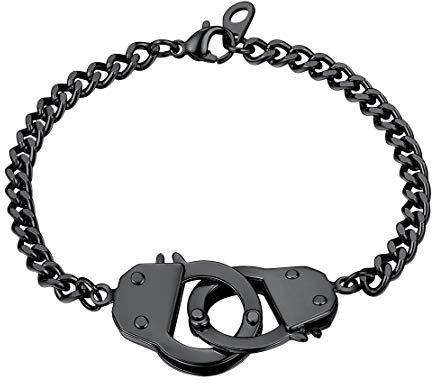 FindChic Black Bracelets for Women Custom Handcuff Charm Partners in Crime 7.5inch Cuban Link Curb Chain Infinity Punk Bangles for Men BFF Best Friends Bracelets