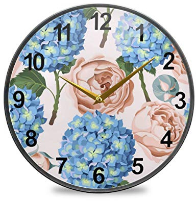 Mnsruu Horloge de salle de bain Hortensia et pivoine Horloge murale silencieuse non tactique pour décoration de salon, multicolore, 9.5inch