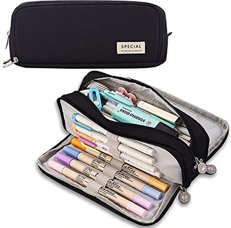 PROMISE FLOURISH Großes Federmäppchen mit 3 Fächern, für Kinder, Teenager, Studenten, ästhetisches Federmäppchen für Schule, Büro (schwarz)