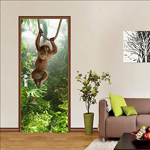 Türtapete Selbstklebend TürPoster 3D Türbild - Wald Affe - Türfolie Fototapete PREMIUM PVC Wasserfest Türaufkleber Wandtattoo Für Schlafzimmer Wohnzimmer Tür Dekoration Stickers 95 x 210 cm