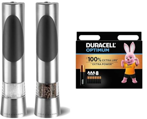 Cole & Mason H90180P Richmond Moulins Sel et Poivre s, Precision+/Mouture Réglable, Chrome/Acrylique, 215mm, Comprend 2 x Moulins + Piles AAA Duracell Optimum (lot de 8)